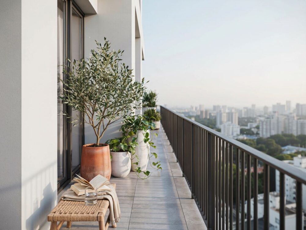 długi balkon z meblami