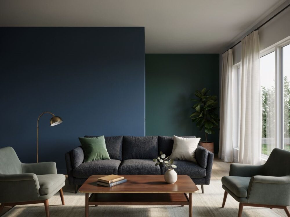 granatowa sofa w salonie